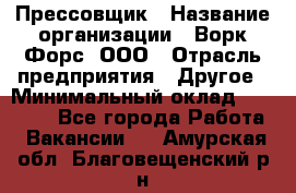 Прессовщик › Название организации ­ Ворк Форс, ООО › Отрасль предприятия ­ Другое › Минимальный оклад ­ 27 000 - Все города Работа » Вакансии   . Амурская обл.,Благовещенский р-н